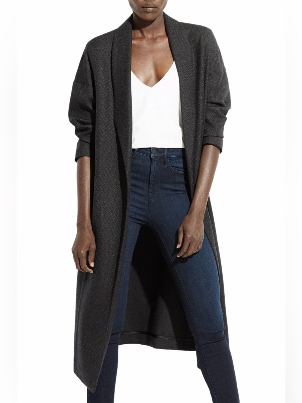 AYR $350 “The Robe” Open Italian Wool Long Charcoal Gray Coat Size S/M